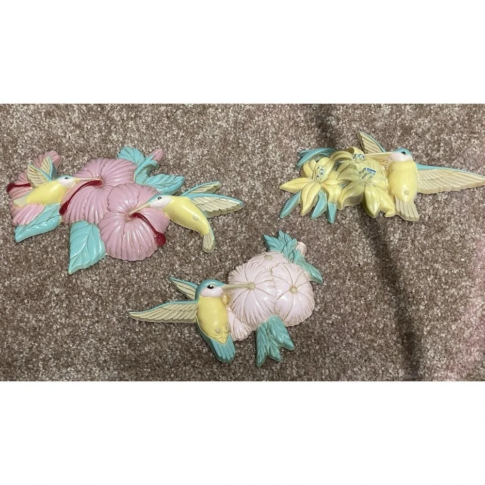 Vintage Burwood Hummingbirds Wall Decor Pastel Flower Wall Art 1992 USA